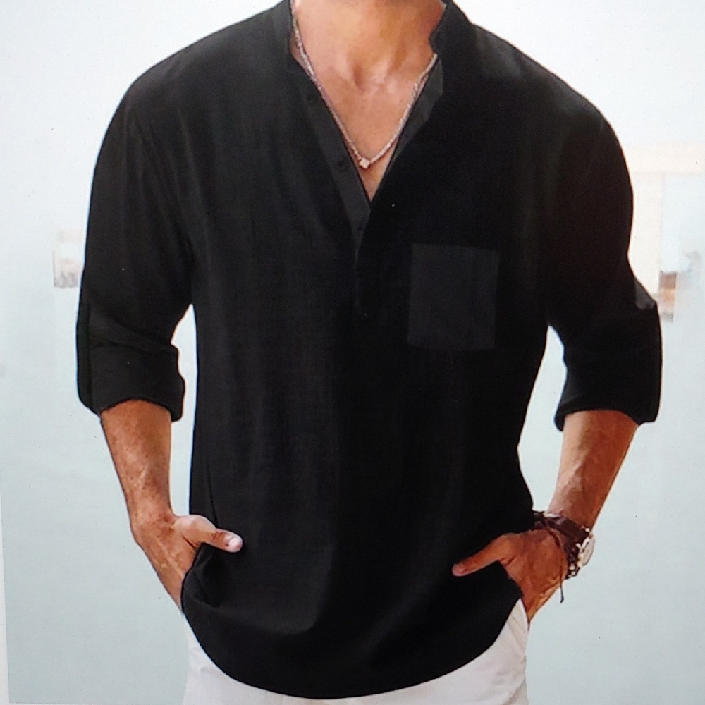 NWT Men's Black Cotton & Linen Long Sleeve Button Down V-Neck Henley Size XL